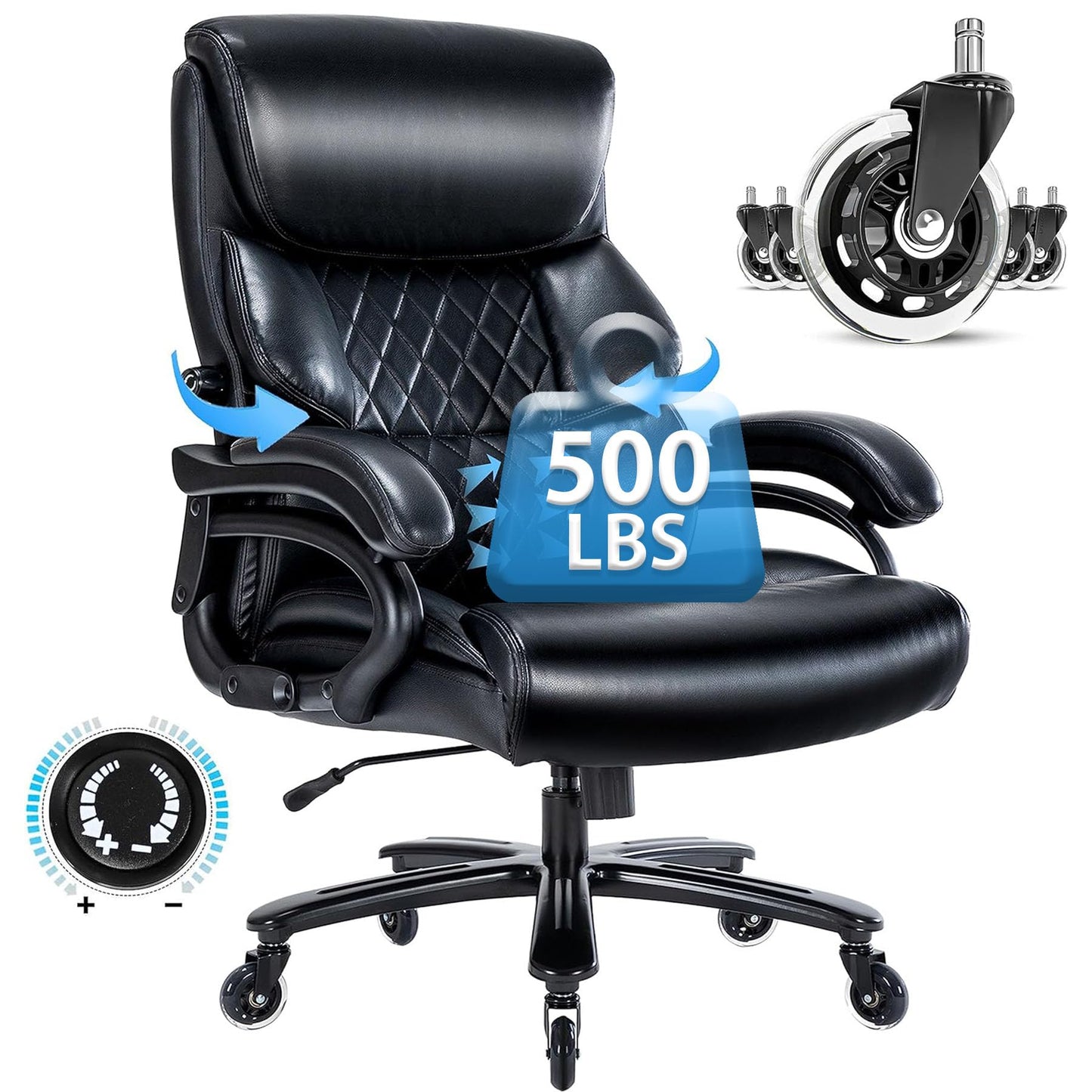 Big and Tall Office Chair- 500 LBS Heavy Duty Executive Rolling Office Chairs for Heavy People with Adjustable Lumbar Support High Back Faux Leather Computer Office Chairs Wide Seat Plus Size Black