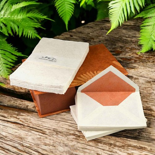 Kathmandu Valley Co. Vintage Stationery Gift Box Set with 50 Handmade A5 Deckle-edge Lokta Paper Sheets and 30 Envelopes (Rustic Fern)