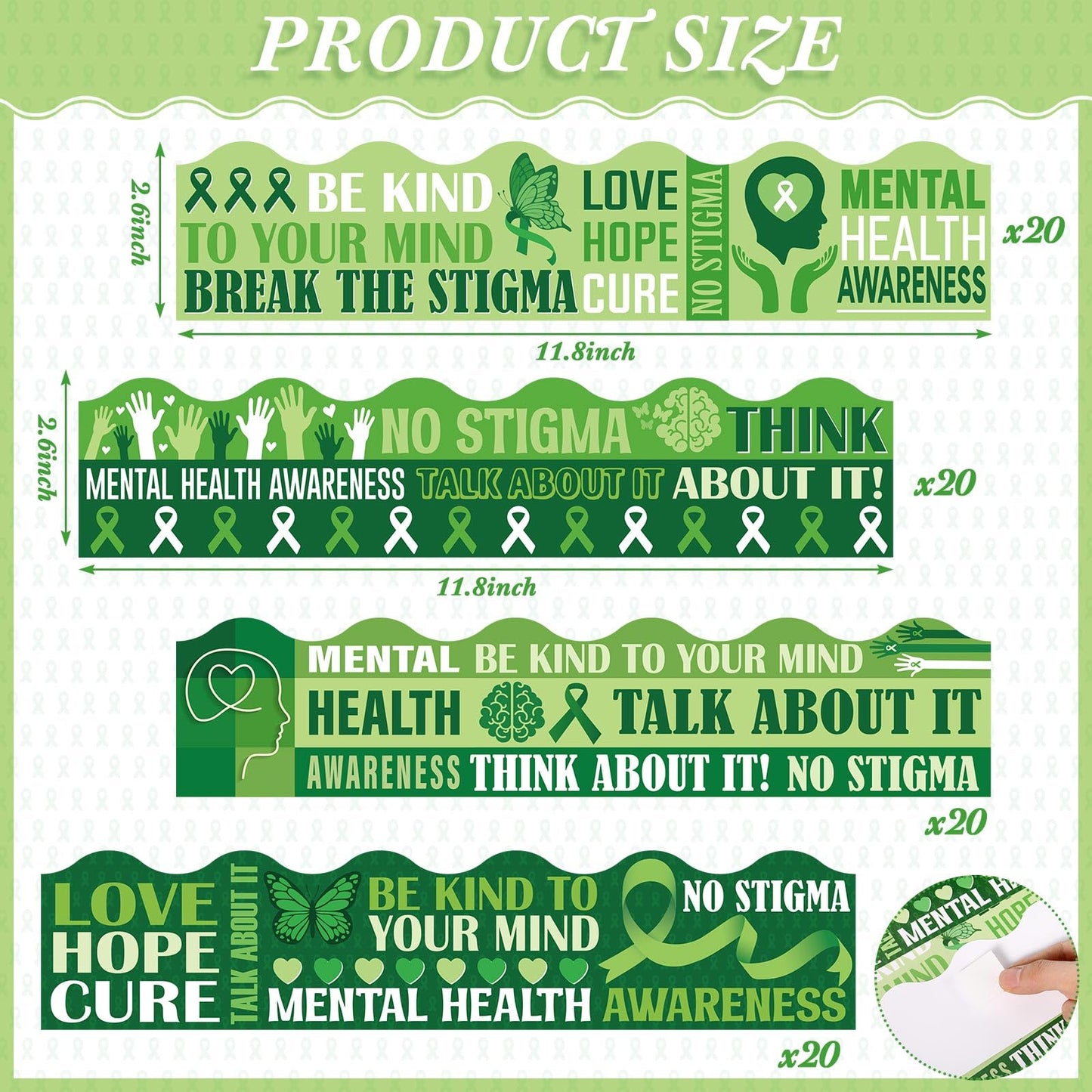 Funrous 79 ft Mental Health Bulletin Board Borders 80 Pcs Green Ribbon Mental Health Awareness Month Border Trim Inspirational Decorative Stickers for Back to School Office Chalkboard Wall Decor