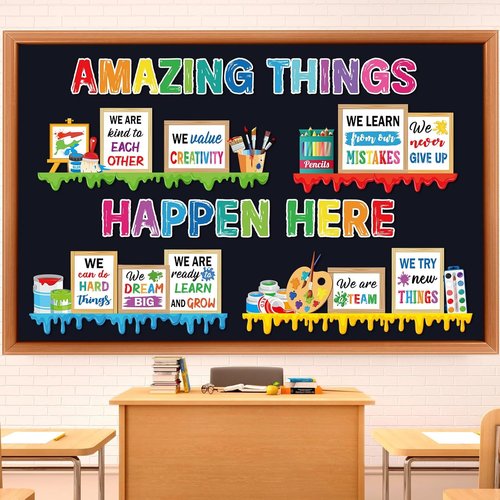 Qilery Art Theme Bulletin Board Set - Colorful Growth Mindset Paint Splatter Cutouts | Motivational Classroom Decor