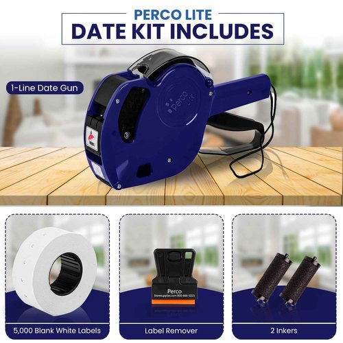 Perco Lite 1 Line Dater Gun Kit - Includes 5,000 Blank White Labels, 2 Ink Rollers, 1 Ink Roll and Labels Pre-Loaded