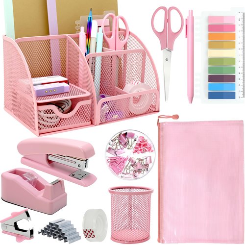 12Pcs Pink Office Desk Accessories Supplies, Desk Organizers and Accessories with Pen Holder, Clips Set,Tape Holder, Stapler for School Home Office Supplies Gift for Women