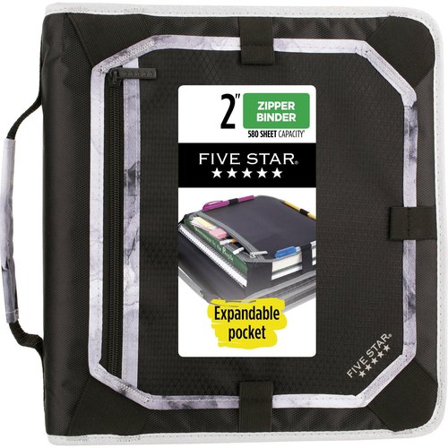 Five Star Zipper Binder, 2 Inch 3-Ring Binder with Round Rings, Expansion Panel and 5-Tab Expanding File, 580 Sheet Capacity, Black/Gray (29052IT8)