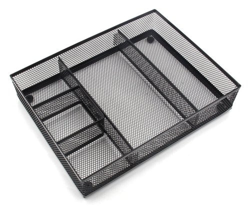 EasyAPG Desk Drawer Organizer with 5 Compartments, Metal Mesh Storage Tray with Anti-Slip Pads for Office, Kitchen, Bathroom - Black