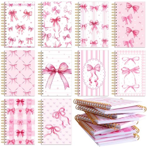 10 Pcs Christmas Gifts Coquette Pink Bow Notebook Bulk 8.3 x 5.5 Inch Spiral Aesthetic Preppy Notebook, 80 Pages, Cute Notepad Journal for Women Office Supplies Coquette Birthday Gifts Party Favors