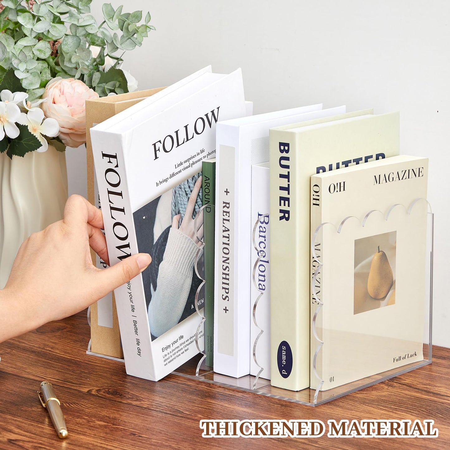 AmazingSpark 1 Pcs Scalloped Acrylic Book Holder for Desk with 4 Compartments 11.22 x 7.28 x 6.5 Inches Clear Acrylic Magazine Organizer Storage Mail Sorter with Wave Edge Design for Office Home