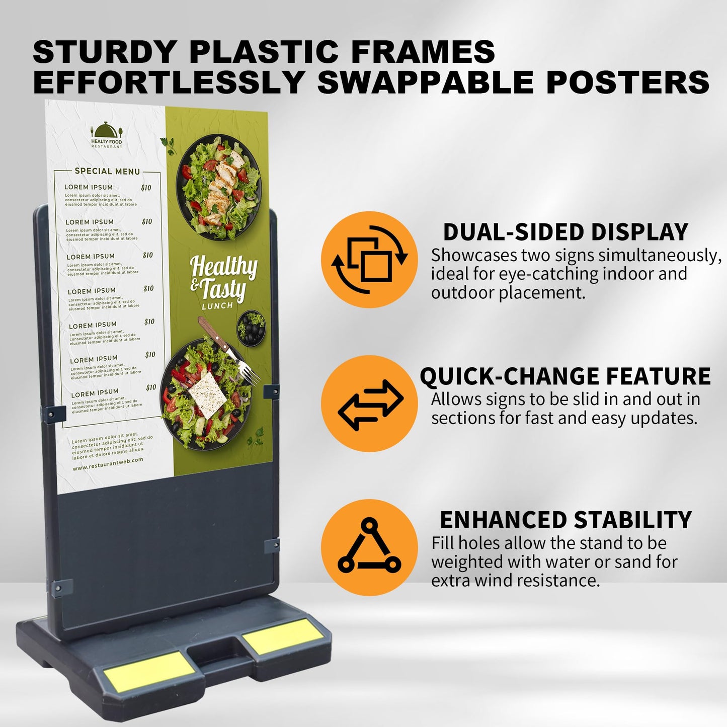 AMBUND 24"x36" Sidewalk Sign Stand, Double-Sided Heavy Duty Outdoor Signboard with Sand Fill Holes, Portable Folding Poster Business Sign for Outside Sidewalk Street Advertising, Weather Resistant