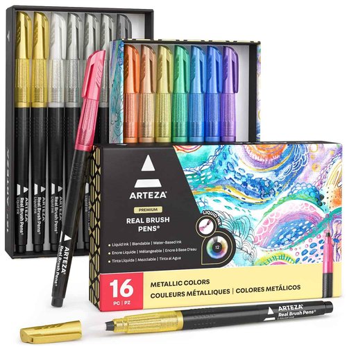 ARTEZA Metallic Markers, 16 Real Brush Pens, Blendable Watercolor Pens with Liquid Ink, Paint Marker Set for Artists