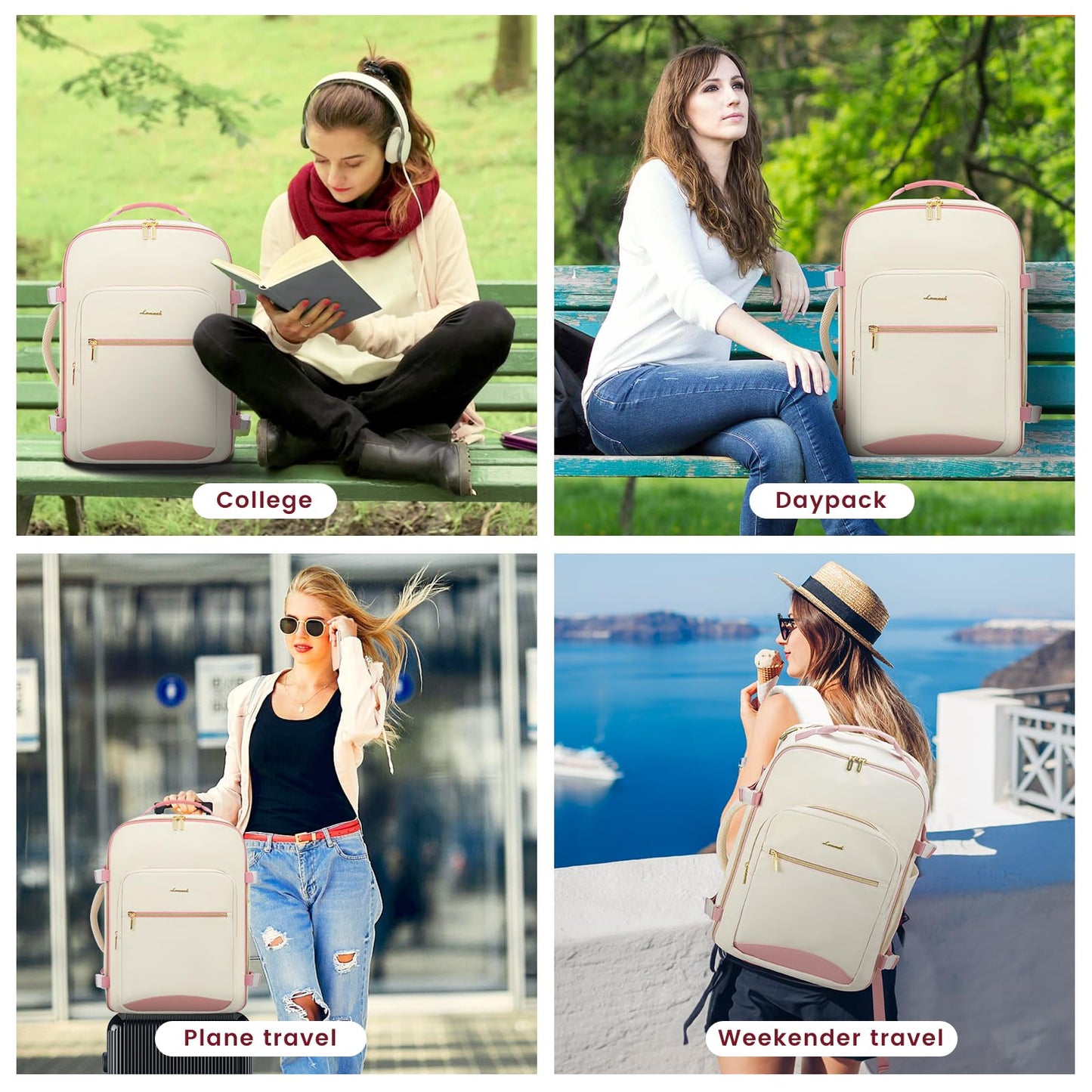 LOVEVOOK 40L Large Travel Backpack for Women Men, 17 Inch Carry on Backpack for Traveling on Airplane, Personal Item Travel Bag Airline Approved, Business Causal Weekender Backpack, Beige-Pink