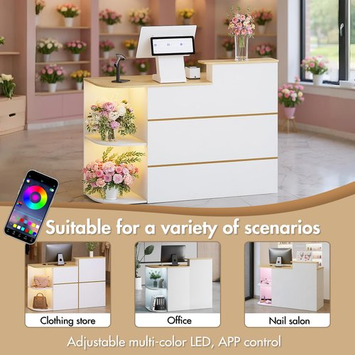 Kikihouse Modern Reception Desk & DIY Metal Strips, Front Desk with LED Light and Hidden Power Outlet, Reception Counter Table for Checkout, Office, Lobby, Nail Salon Spa (White+Wood)