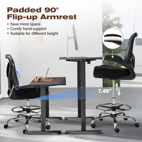 400LBS Drafting Chair, Tall Office Chair with Adjustable Lumbar Support&Footrest Ring, Comfy Extra Deep W-Shape Thicken Cushion, Breathable Mesh Standing High Desk Chair with Padded Flip-up Armrests