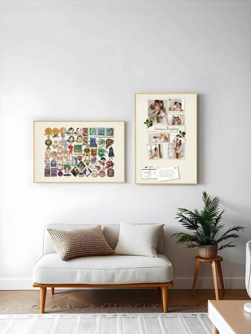 Bulletin Board 30 x 20 inches, Oatmeal White Pin Board, Golden Aluminum Framed Fabric Cork Board with 10 Push Pins