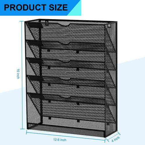 GDINDINFAN Hanging Wall File Organizer 6 Tier Wall Mounted Mail Paper Folder Holder Document Organization Stand, Vertical Desk Magazine Rack for Office Home Cubicle Countertop, Black