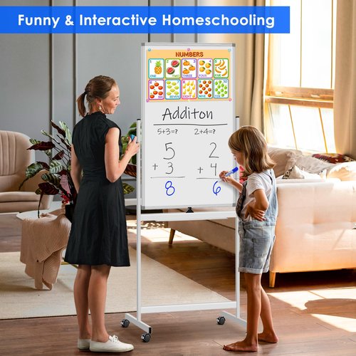 Magnetic Mobile White Board, 48 x 24 Double Sided Dry Erase Board Rolling Whiteboard Aluminum Frame Standing Whiteboard on Wheels