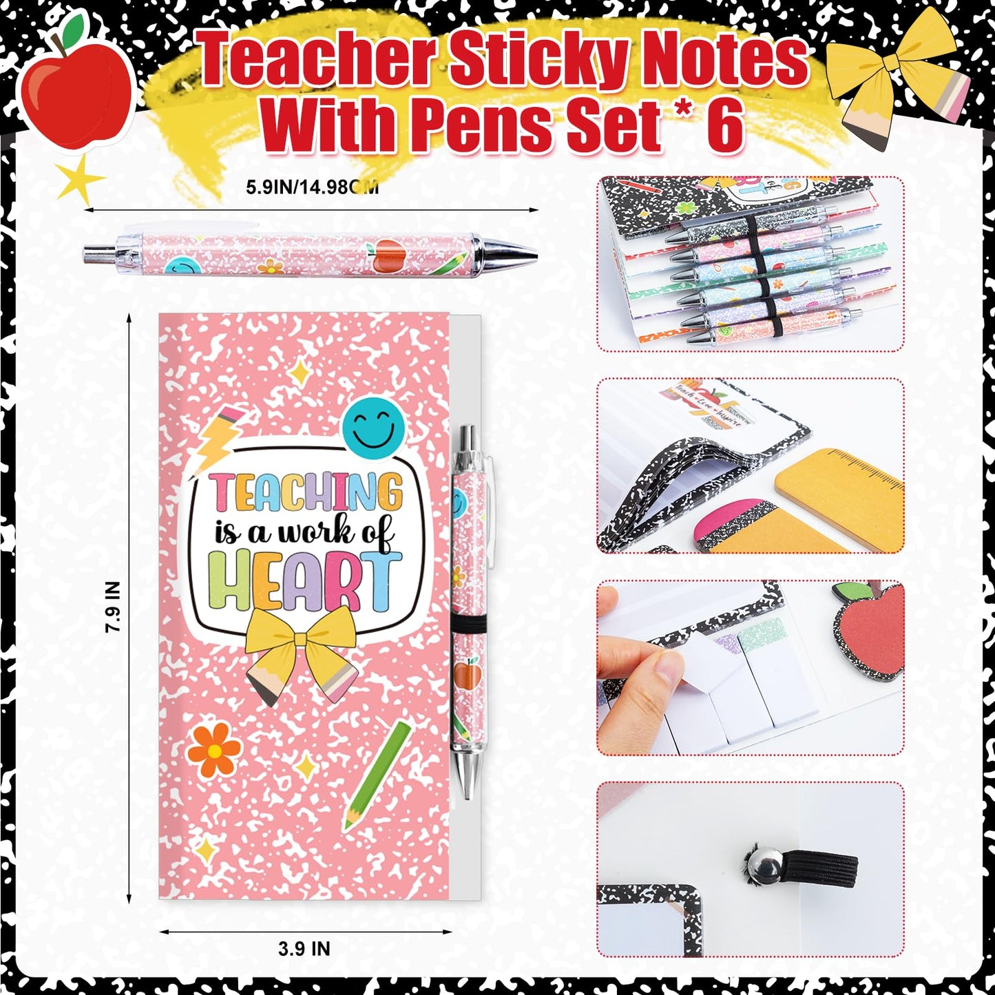 6 Pack Teacher Sticky Notes Set Teacher Appreciation Gifts Teaching is A Work of Heart Blackboard Self-Stick Note Pads Thank You Teacher Gifts Writing Memo Pads for Teacher Appreciation Week End of Year