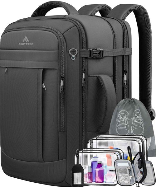 AREYTECO 50L Carry on Travel Backpack With Packing Cubes, Extra Large Backpack Flight for Men & Women,Expandable Suitcase Water Resistant Luggage Daypack Business Weekender Bag, Black
