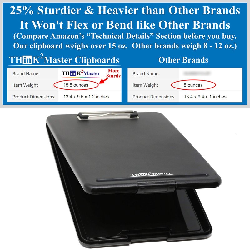 Think2Master Black Plastic Storage Clipboard. | 25% Heavier & 25% Sturdier| Heavy Duty and Won’t Flex or Bend Like Other Brands (Compare The Weight). Storage Compartment Holds 150 Letter Sized Paper.