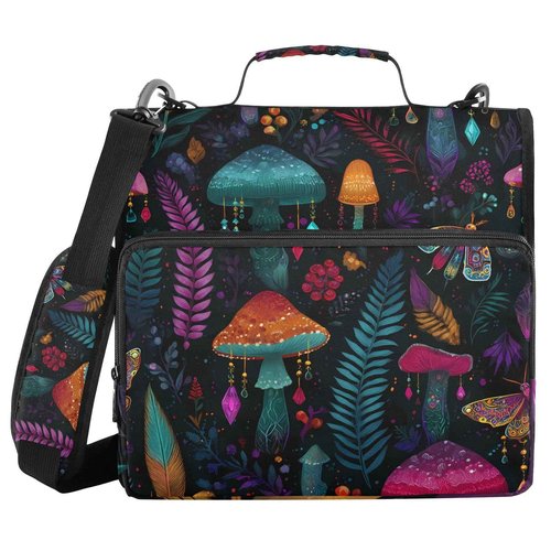 zyrtty 3 D-Ring Zipper Binder Bag, Witch Mushroom Black Background Pattern Removable Binder with Zipper Case Hold 300+ Sheets& 13 Inch Laptop for School Office Supplies Organizer