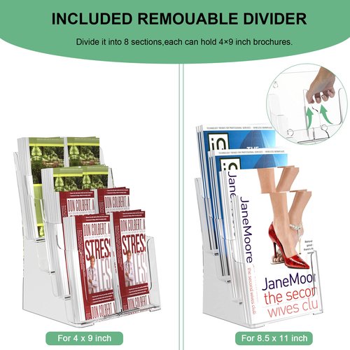 zavekia 4 Tier Acrylic Brochure Holder 8.5 x 11 inch, Clear Literature Organizer Magazine Stand with Removable Divider for 4 x 9 inch Brochures,Magazine Holder,Flyer Holder