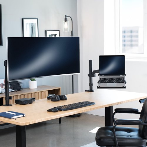 VIVO Universal Adjustable 10 to 15.6 inch Laptop Holder Desk Mount, Single Pneumatic Arm VESA Notebook Stand with C-clamp and Grommet Options, Black, STAND-V101L