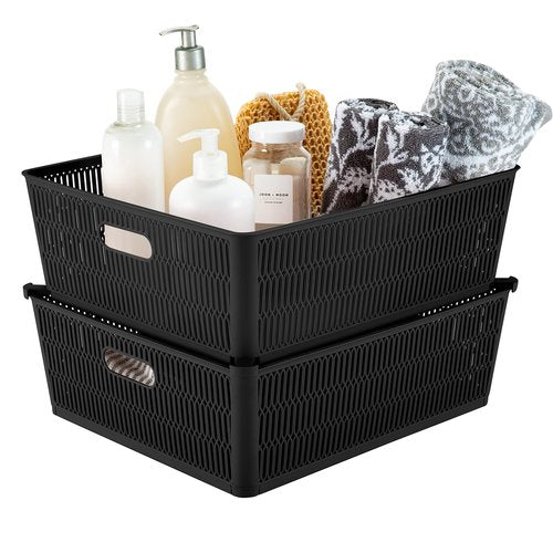 Simplify 4Pk Shallow Slide 2 Stack It Tote Basket | Storage & Organization | Open Bins with Stackable Capability | Bathroom | Crafts | Pantry | Playroom | Office | Black