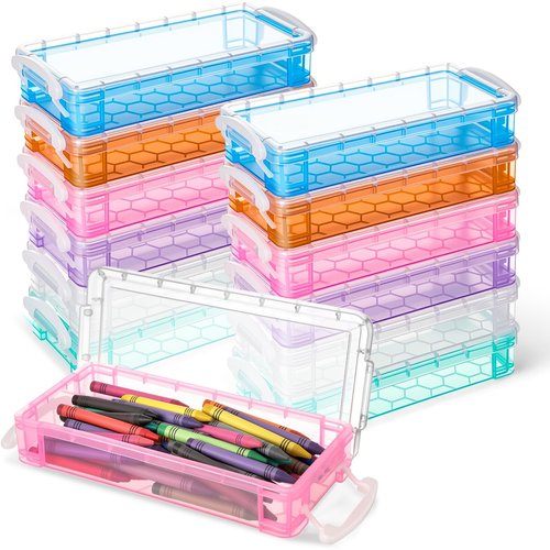 Zonon 12 Pack Plastic Pencil Box 8.3” × 3.9” × 1.6" Large Crayon Box Stackable Multicolor Pencil Case with Snap Closure Lids Bulk Multi Purpose Storage Organizer Art Office Craft Supplies