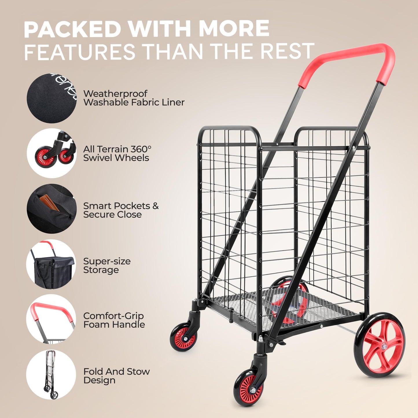 SereneLife Large Folding Utility Shopping Cart with Removable Liner – Heavy Duty, 360° Swivel Wheels, 110 lb Capacity, Portable for Groceries, Laundry, Luggage, and More (Red)