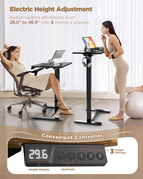 YOLEZO Electric Adjustable Height Standing Desk - Small Sit Stand Portable Rolling Laptop Table with Hidden Wheels, Small Computer Workstation for Bedside & Home Office Use (24"x16", Black)