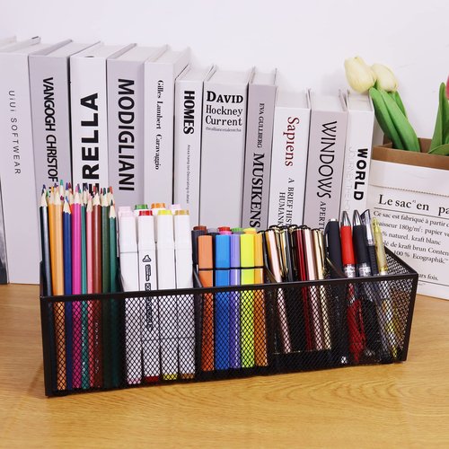 Flytreal Black Mesh Pen Pencil Holder, Small Metal Desk Organizer Desktop Stationery Office Supplies Acessories Storage Stand, 5 Compartments Brushes Holder for Home School Classroom Teachers