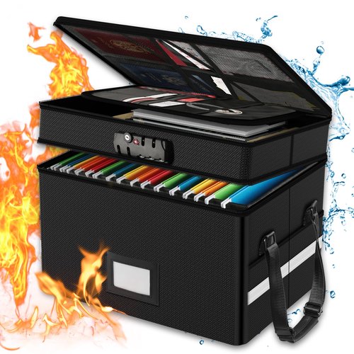 RHM Fireproof Document Box with Lock, 2 Layer Fire Proof File Box for Documents with Handle, Portable Home Office Fire Safe Document Box for Hanging Letter/Legal Folder/Certificate