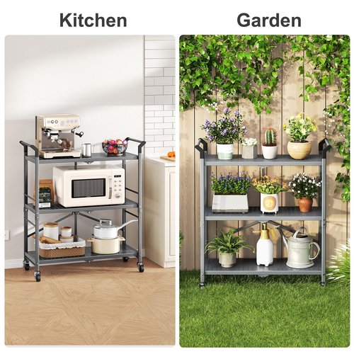 SNTD 3 Tier Rolling Cart Metal - Folding Utility Carts with Wheels for Office Storage Garage Kitchen, Grey