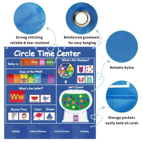 Boczif Circle Time Learning Center Pocket Chart for Classroom, Educational Teaching Materials Learning Calendar Weather Number Counting Letter Color Shape Wording Rhyme Pictures