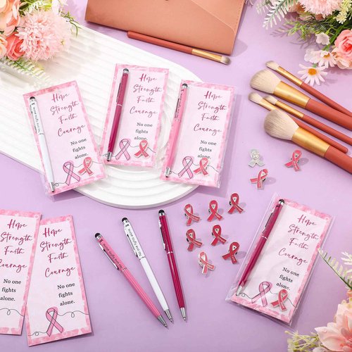 Janlaugh 72 Sets Breast Cancer Awareness Accessories 2 in 1 Pen with Stylus Tip Pink Ribbon Pin Breast Cancer Awareness Bulk Items Survivor Gifts Hope Cards Gift Bags Pink Ribbon Accessories
