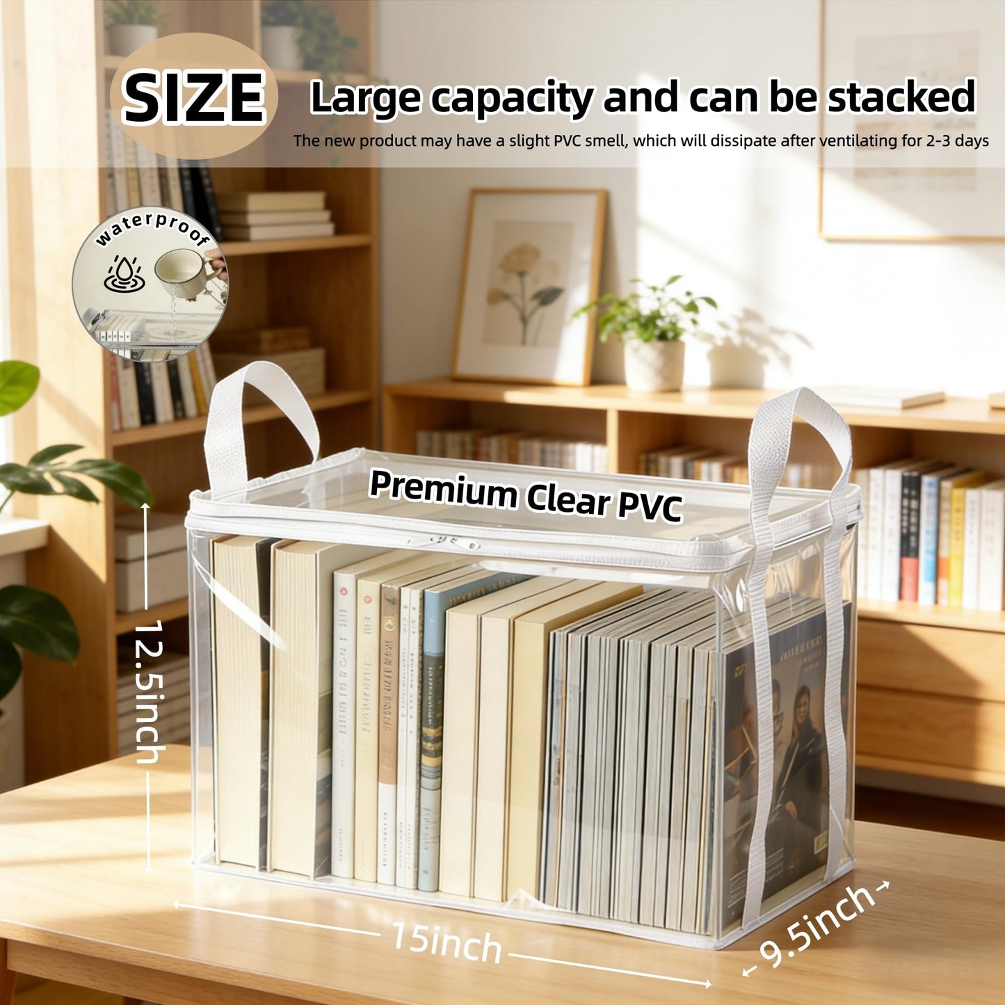 2-Pack Large Clear Book Storage Bags - Waterproof Plastic Comic Book Bin with Carrying Handles - Portable Book Display Case & Closet Organizer for Used Books, DVDs and Magazines - 15" x 9.5" x 12.5"