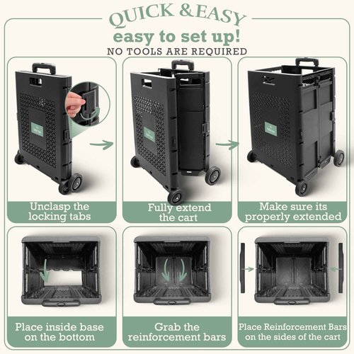 Inspired Living Collapsible Ultra-Slim Pack-N-Roll 4 Wheel Utility Cart, Upto 55 Lbs,Telescopic Handle,durable for Home, Garden, Shopping, Office, School, Laundry, Folds down to 3" Medium, Tall, Black
