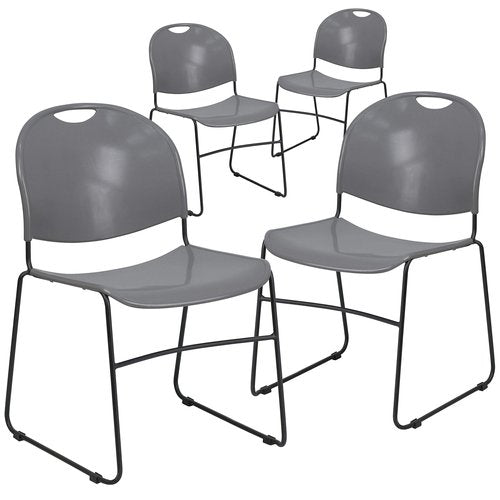Flash Furniture 4 Pack HERCULES Series 880 lb. Capacity Gray Ultra-Compact Stack Chair with Black Powder Coated Frame