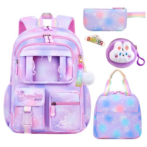 6Pcs Kawaii Backpack Set for Girls, Cute Pink Lightweight Daypack Kids Bookbag Large Capacity Laptop Bag, 17in Gradient Double Shoulder Backpack with Portable Lunch Bag(Purple)