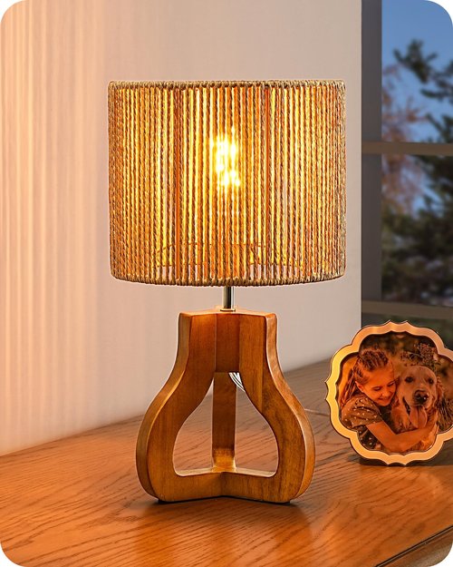 EDISHINE 14.6" Rattan Table Lamp, Rose Wood Tripod Nightstand Lamp, Handwoven Paper Rope Shade, Small Bedside Lamp for Bedroom Living Room, Office, On-Off Line Switch, E26 Base(Bulb Not Included)