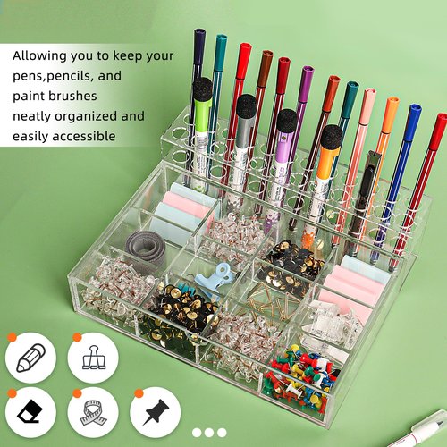 SBYURE Acrylic Pen Holder Beadable Pen Display Stand with 24-Slots Pen Display Stand 12 Grid Organizer Box Pen Holder Pencil Display Stand for Home Office Desk School Supplies
