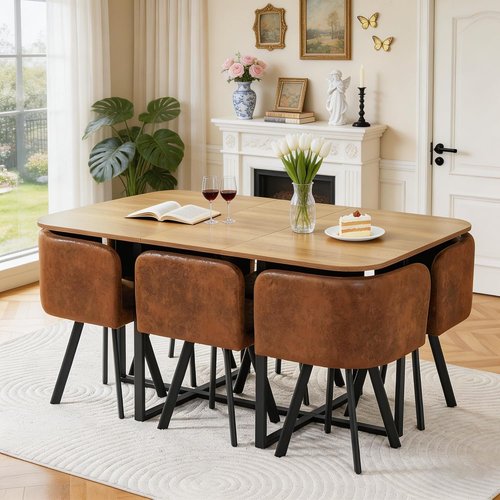 Hommoo 7-Piece Dining Table Set - 59” Rectangular Kitchen Table with 6 PU Leather Chairs | Space-Saving Design in Brown