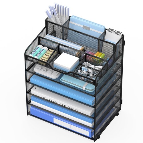 OrgMate 6 Tier Mesh Desk Organizer,Multi Functional Letter Paper Tray with 3 Pen Holders and 5 Adjustable Storage Compartments for Office Supplies Files and Mail Space Saving Desktop Organizer-Black