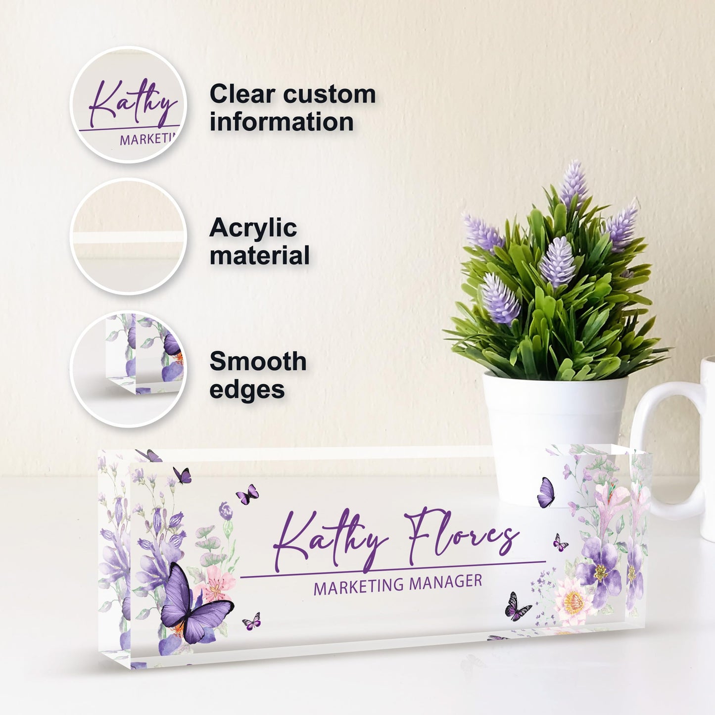Personalized Acrylic Name Plate for Desk, Custom Office Name Plates, Purple Desk Decor