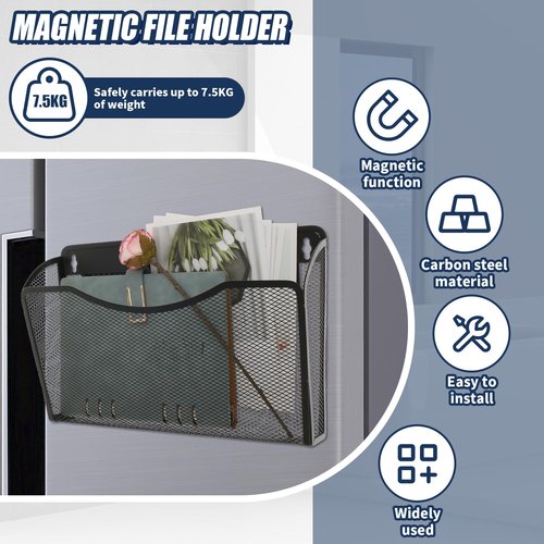 bigjvbfv Magnetic File Holder, No Drilling Wall File Organizer, Large Capacity Paper Holder Multifunctional Mail Organizer for Refrigerator, Office, Classroom, Hanging Paper Folder Holder, Black