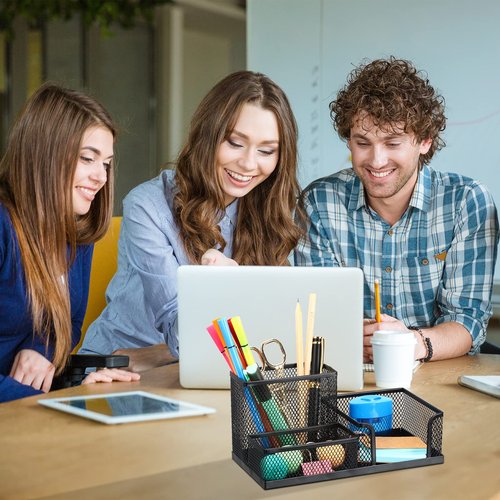 4 Pcs Mesh Desk Organizer 3 Compartments Mesh Pen Holder Sticky Notes Pencil Holder Black Metal Caddy Desk Pen Organizer for Desktop Accessories Storage Baskets Home Office and School Supplies