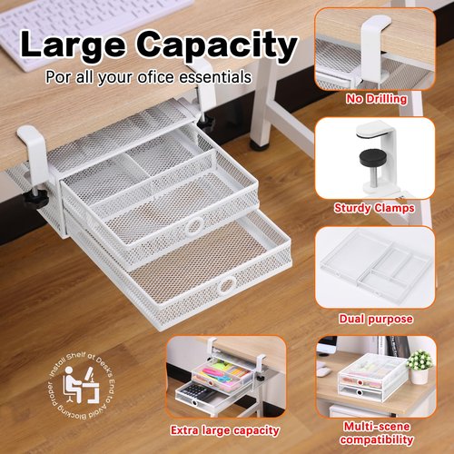 ROSLINE Under Desk & Desktop Drawer Organizer - 2-Tier Metal Slide Out Drawers Organizer, Storage for Home Office Desk (White)