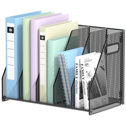VEESUN Desk File Organizer, 5 Vertical Compartments Metal Magazine and Binder Holder, Office Home School Desktop Organizer, Black