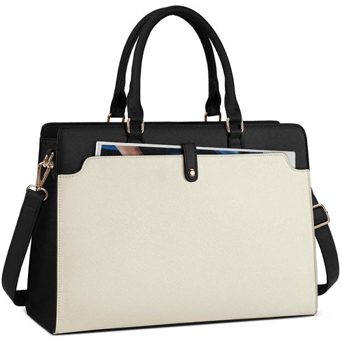 RAINSMORE Laptop Bag for Women 15.6 Inch Laptop Tote Bag Leather Work Bag Waterproof Womens Briefcase Business Office Computer Tote Large Capacity Handbag, Beige and Black