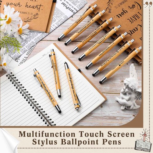 Jetec 100 Pcs Inspirational Bible Verse Bamboo Pen Wooden Retractable Ballpoint Pen with Stylus for Women Men Teacher Coworker School Office Supplies Journal Writing Gifts(Religious)