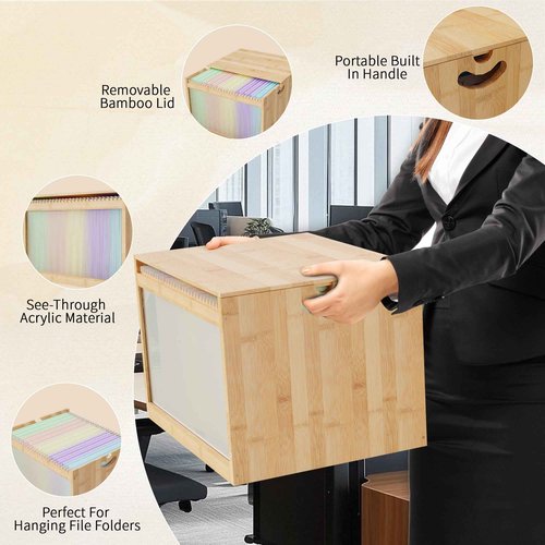 LONTAI Bamboo Hanging File Boxes with Lids 2 Pack, File Organizer Box for Letter/Legal File, File Box with Hanging Folders Acrylic Light Easy Assembly File Storage Boxes for Home Office, Natural