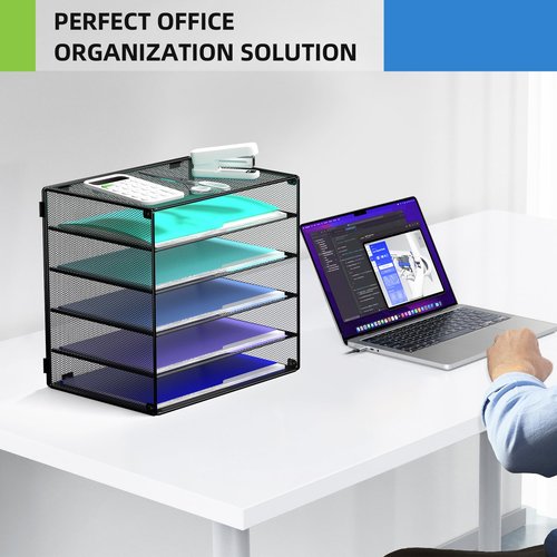 MINDEPOT 6 Tier Desk Organizer Paper Tray, Metal File Holder Desktop Organizers and Workspace Accessories for School Office Organization Storage Rack (1, Black)